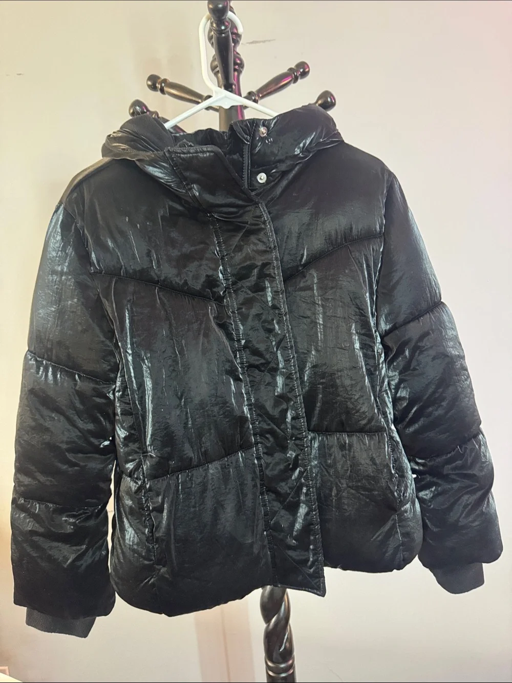 GAP Shiny Black Hooded Puffer Jacket